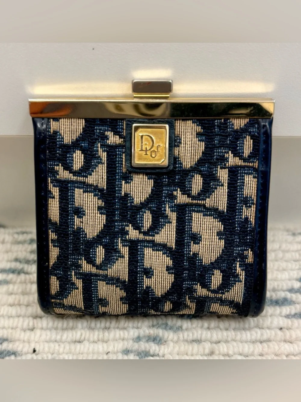 DIOR Vintage Rare Blue Trotter Monogram Canvas Kiss Lock Coin Purse W/ Gold